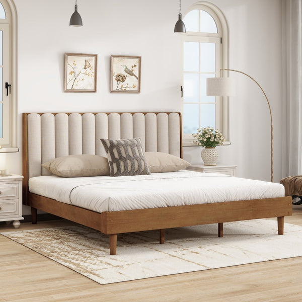English Elm King Upholstered Bed Solid Pine Frame Piano Key Headboard for Modern Bedroom W504S00316