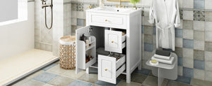 English Elm 24-Inch Bathroom Vanity with Ceramic Sink, Soft-Close Door & Drawers, Gold Handles, Durable Wood Elegance White N729P192078K