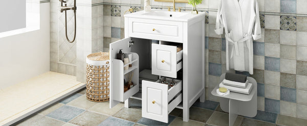 English Elm 24-Inch Bathroom Vanity with Ceramic Sink, Soft-Close Door & Drawers, Gold Handles, Durable Wood Elegance White N729P192078K
