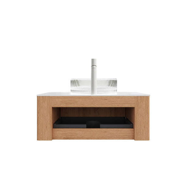 English Elm Dina Floating Bathroom Vanity Sintered Stone Top Glass Basin Striped Plywood Cabinet W2615S00446