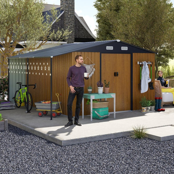 English Elm 10x12 Ft Galvanized Steel Outdoor Shed Dual Zone Lockable Sliding Doors Backyard Storage Yellow W1598S00033