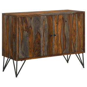 English Elm Komomo Sheesham Grey Buffet Cabinet with 1 Adjustable Shelf, Oatmeal Gold Accents & Dimmer Lighting B062P344888