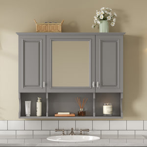 English Elm 35'' Modern Wall-Mounted Medicine Cabinet with Mirror, Hidden Storage and Open Shelves for Bath Gray N710P209443E