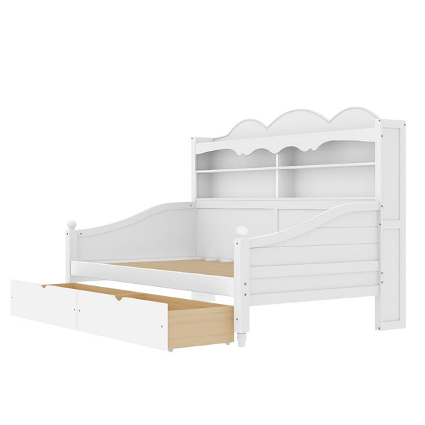 English Elm Twin Daybed Retro Wood Frame with Under Bed Drawers and Headboard Shelving White N733S415358K