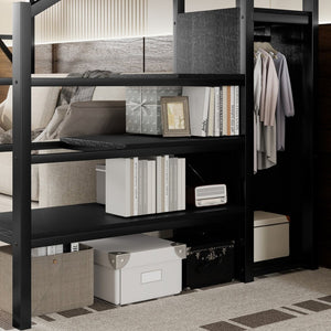 English Elm Twin Xl Loft Bed With Stairs & Storage Shelves, Metal High Bed For Teens & Small Spaces, Black W2580S00049-GIGA