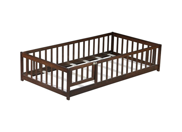English Elm Twin Solid Rubberwood Floor Bed with Full Perimeter Safety Rails for Toddler Rooms Espresso W504P296781
