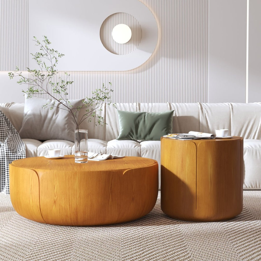 English Elm Round Mgo Drum Coffee Table Set Weatherproof Wood Grain Finish for Patio or Living Room Natural W757S00050