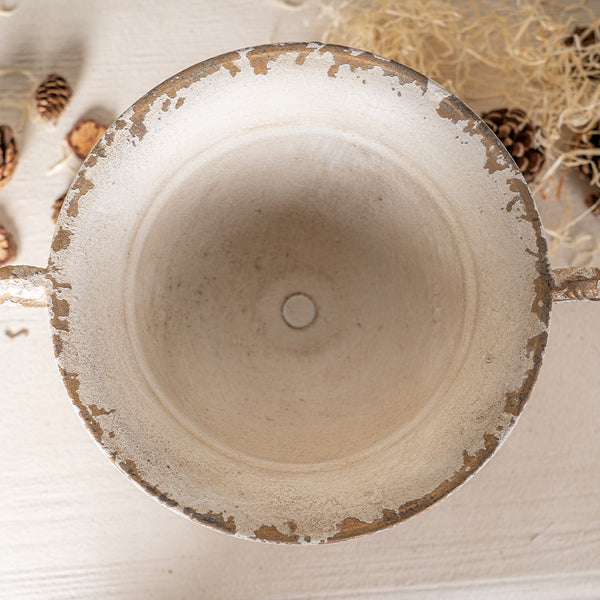 English Elm Vintage Double-Handled Flower Pot Off-White Metal Rustic Charm for Home, Garden, Gift, 10x9 in W2946P243926