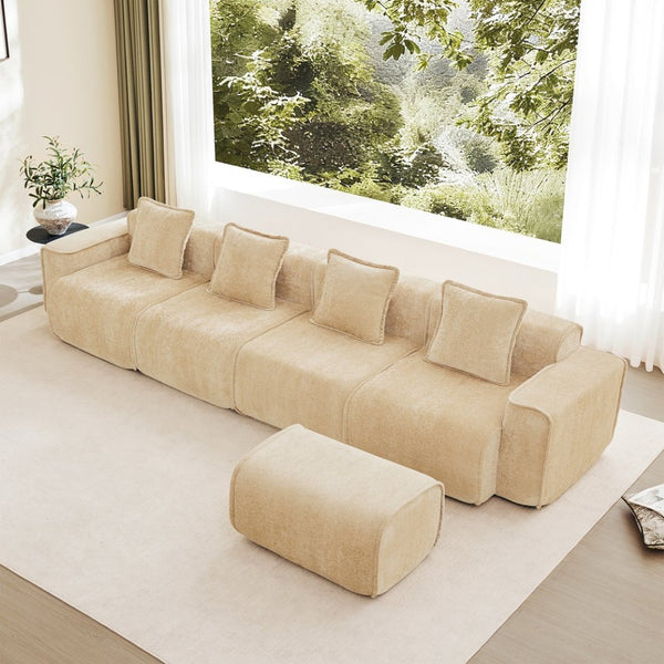 English Elm Streamlined Modular L-shaped Sectional Velvet Sofa with Ottoman and Tailored Piping Detail Light Camel W3041S00355