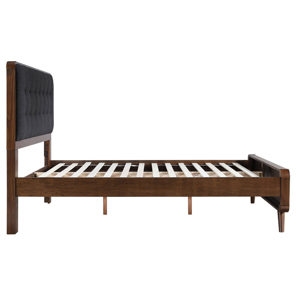 English Elm Carson Dark Walnut Queen Platform Bed With Tufted Grey Upholstery For A Cozy Mid-Century Retreat B062S00695