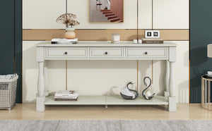 English Elm Trexm Distressed Entryway Console Table Three Drawers Open Shelf Mediterranean Wood Antique White N715P372052K