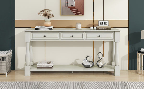 English Elm Trexm Distressed Entryway Console Table Three Drawers Open Shelf Mediterranean Wood Antique White N715P372052K