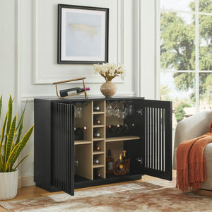 English Elm Mid Century Fluted Buffet Sideboard with Integrated Wine Rack and Glass Holder Storage Black W1801P454198