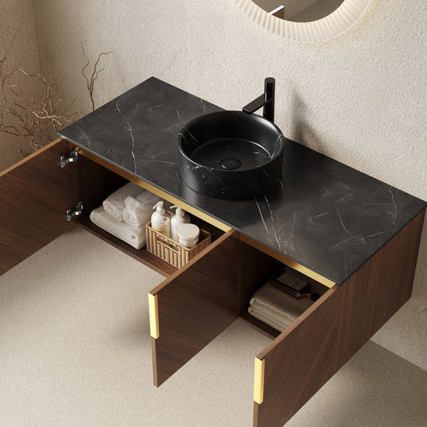 English Elm Arai 48 Inch Wall Mounted Bathroom Vanity Oak Plywood Cabinet Sintered Stone Top W2615S00551