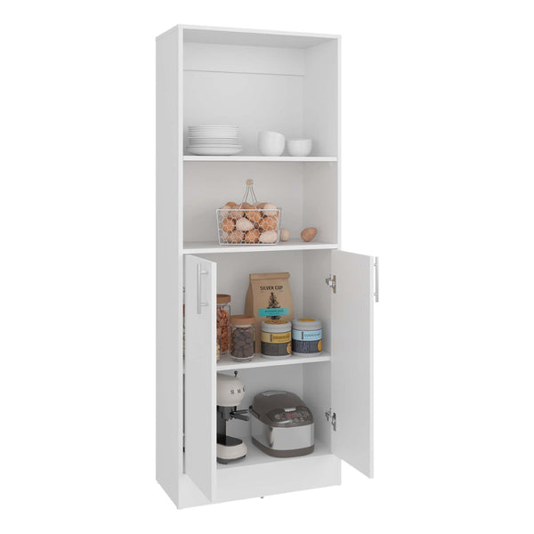 English Elm White Tall Narrow Kitchen Pantry Cabinet with Open Shelves and Concealed Storage Door B062P483732
