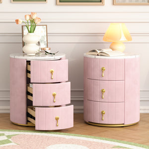 English Elm 2 Upholstered Nightstand Set with 3 Drawers, Round Velvet Bedside Table, Marble Top & Metal Handles Pink 24 L x 19.5 W x 18.89 H N733S272609H