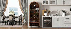 English Elm 71"Farmhouse Arched Wine Bar Cabinet with 15 Bottle Racks, 16 Glass Holders, Anti-Tip Safety for Living/Dining Brown Oak W2977P338256