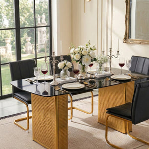 English Elm Modern Marble Glass Dining Table Gold Dual Pedestal Base Seats Eight Elegant W5123P397499