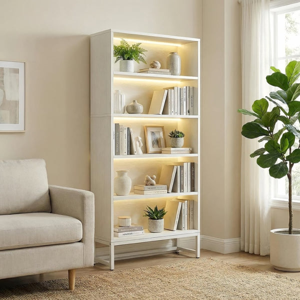 English Elm Tall Five Tier Bookcase with Led Shelf Lighting White Mdf Frame Living Room Display W3204P454083
