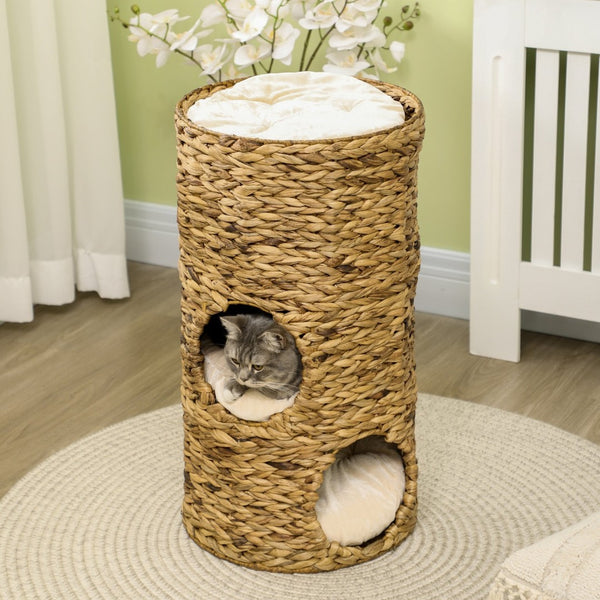 English Elm Pawhut Hand-woven Water Hyacinth Cat Tower Four-story Hideaway Caves Plush Beds W2225P217052
