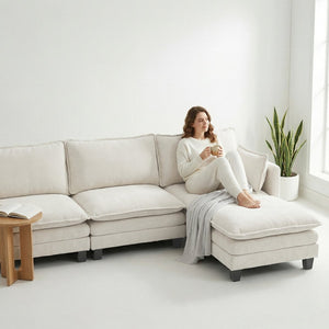 English Elm Modern Chenille Three Seat Sofa with Ottoman Usb Charging Ports and Storage Pockets Beige White W2519S00001