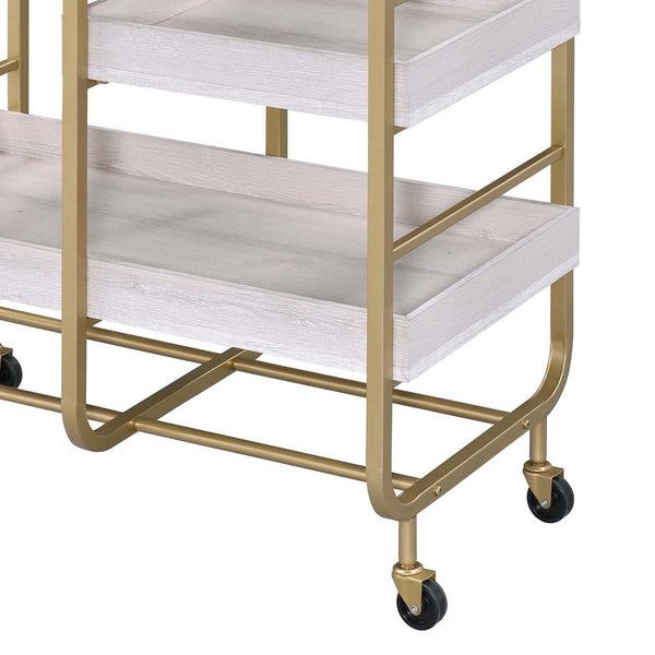 English Elm Gold Gold and White Washed Serving Cart with Industrial Frame, 3 Adjustable Trays, Smooth Casters for Entertaining and Durable Mobility B062P186560
