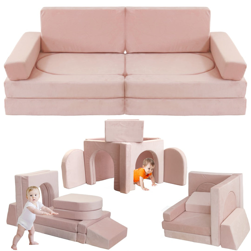 English Elm 12 Piece Modular Foam Play Couch Set Velvet Convertible Sofa Fort for Kids Playroom Pink T5880P493409