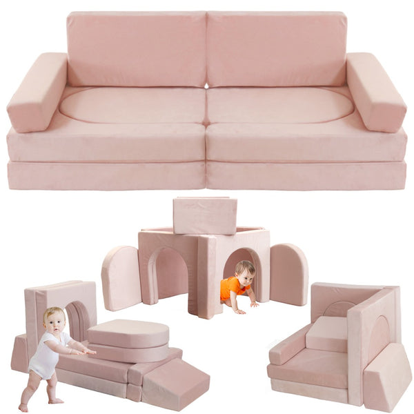 English Elm 12 Piece Modular Foam Play Couch Set Velvet Convertible Sofa Fort for Kids Playroom Pink T5880P493409