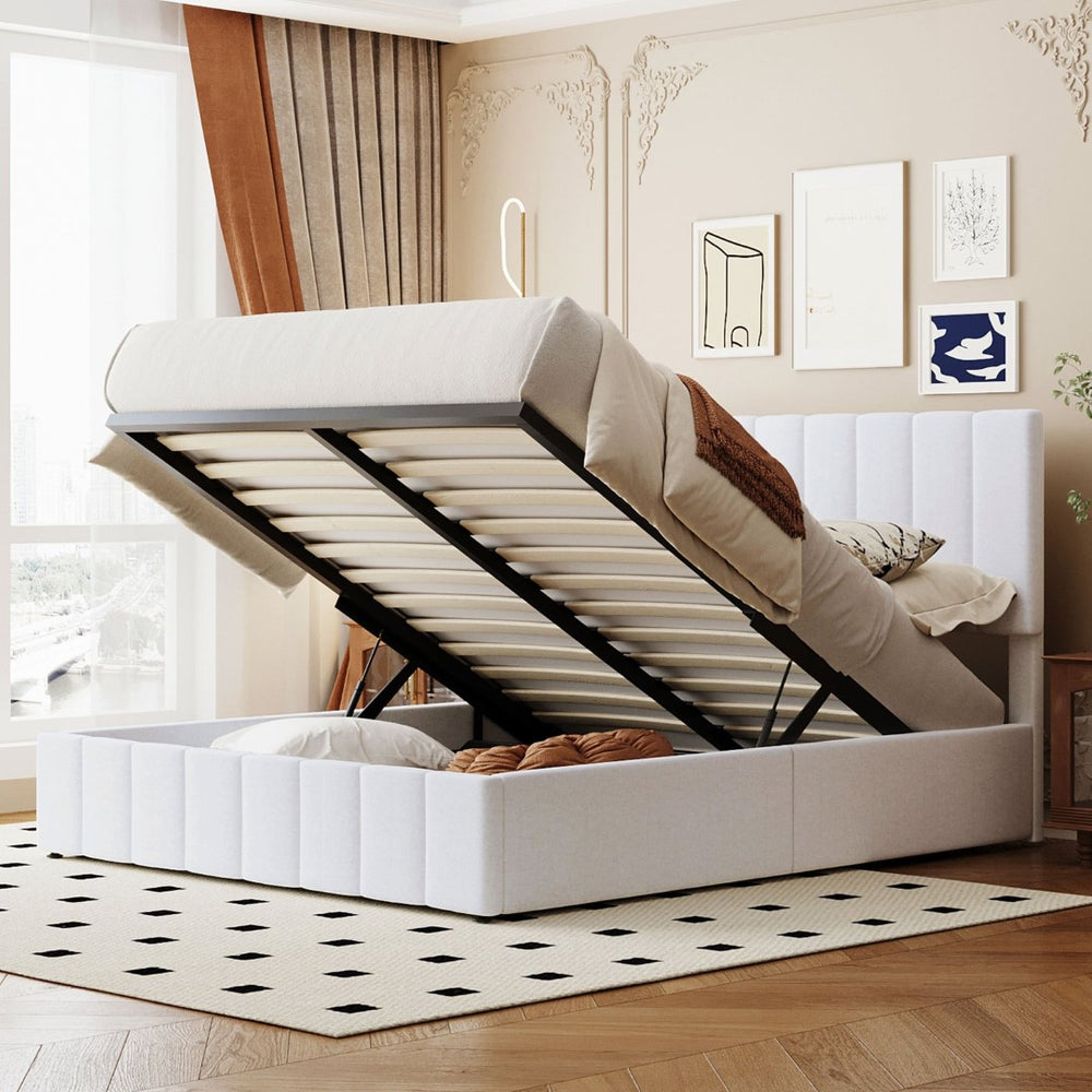 English Elm Queen Linen Upholstered Platform Bed with Hydraulic Lift Storage and Padded Headboard N708P201552K