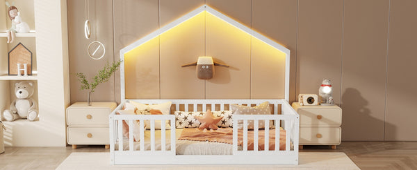 English Elm Twin Montessori Floor Bed House Frame with Led Lighting and Safety Rails for Kids White W2593P440594