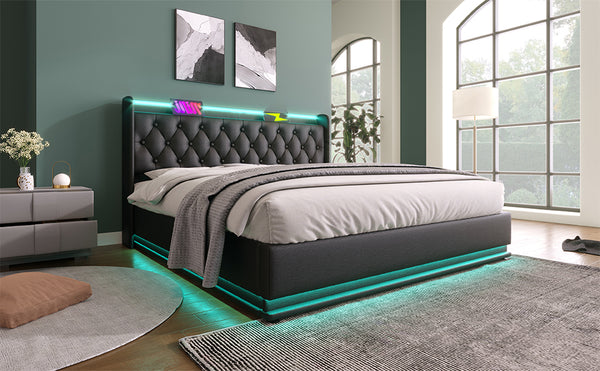English Elm Queen Upholstered Bed with Surround LED, App/Remote Control, Hydraulic Storage, USB Type-C Charging Black N736P188807B