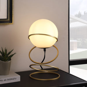 English Elm 13.5" Matte Gold Spiral 4-Ring Glass Globe Table Lamp — White Shade, Warm LED Glow for Bedroom Nightstand (94) B072P220159