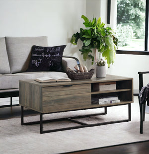 English Elm Homare Rustic Oak Coffee Table with Black Metal Legs, 1 Door & 2 Open Shelves, Adjustable Height B2726P281466