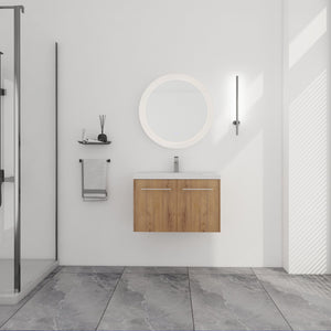 English Elm 30 30 Inch Soft Close Vanity with Resin Sink, Open Shelf Storage & Rust‑Resistant Metal Handles, KD-Pack W999P188194