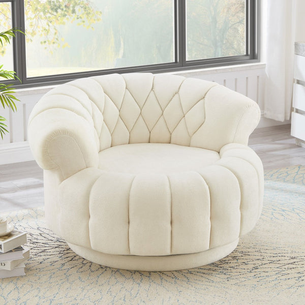 English Elm Swivel Barrel Accent Chair Chenille Tufted Round Club Seat for Living Room Lounge Beige N719S002280A