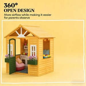 English Elm Creative Fir Wood Kids Outdoor Playhouse Cottage with Flower Boxes and Windows T3971P491797