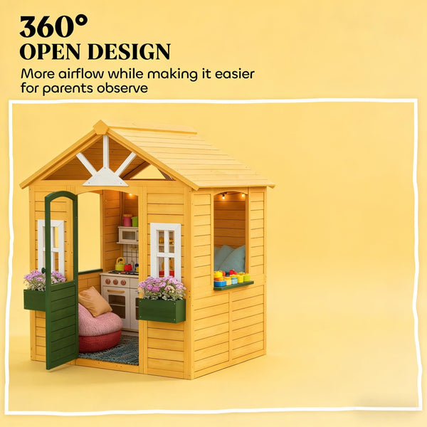 English Elm Creative Fir Wood Kids Outdoor Playhouse Cottage with Flower Boxes and Windows T3971P491797