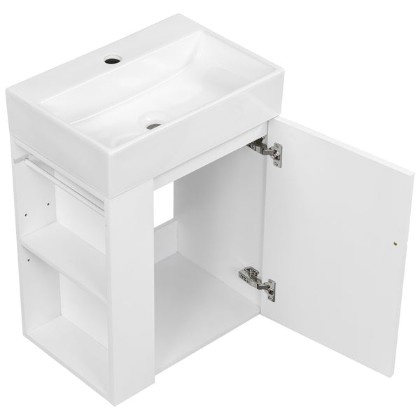 English Elm 20 Modern Wall-Mounted Bathroom Vanity with Ceramic Sink, Diamond Door, Gold Handles & Shelves — Compact White N725P314033K