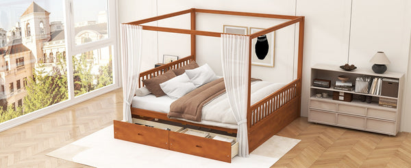 English Elm Wooden Canopy Queen Bed Solid Frame with Built-in Storage Drawers Slatted Base Walnut N7090005037L