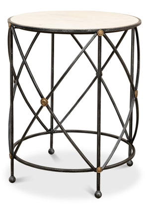 Sarreid Drum Lamp Table With Aged White Marble Top, Antique Brass Accents & Old Iron Finish Design Grey  27885