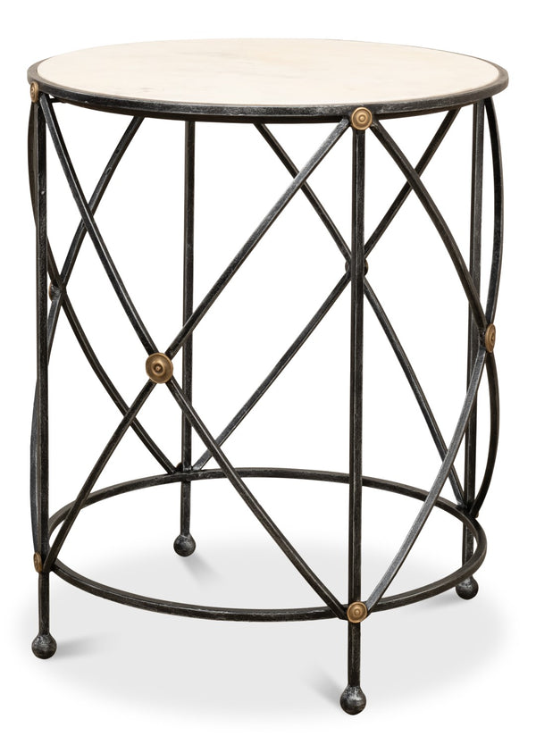 Sarreid Drum Lamp Table With Aged White Marble Top, Antique Brass Accents & Old Iron Finish Design Grey  27885