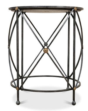 Sarreid Drum Lamp Table With Aged White Marble Top, Antique Brass Accents & Old Iron Finish Design Grey  27885