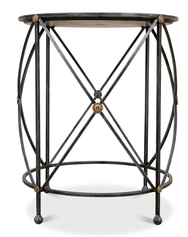 Sarreid Drum Lamp Table With Aged White Marble Top, Antique Brass Accents & Old Iron Finish Design Grey  27885