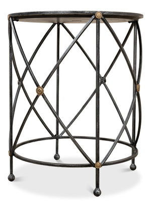 Sarreid Drum Lamp Table With Aged White Marble Top, Antique Brass Accents & Old Iron Finish Design Grey  27885