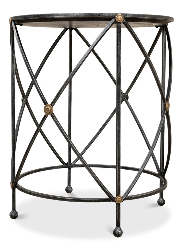Sarreid Drum Lamp Table With Aged White Marble Top, Antique Brass Accents & Old Iron Finish Design Grey  27885