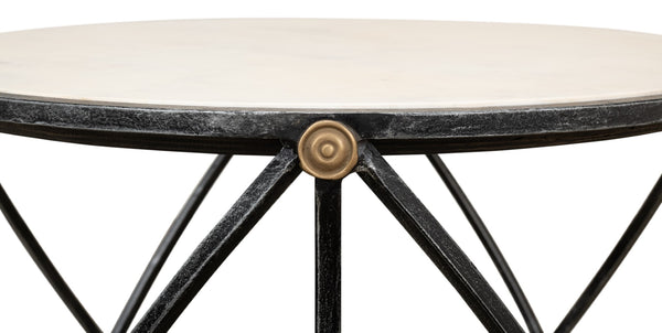 Sarreid Drum Lamp Table With Aged White Marble Top, Antique Brass Accents & Old Iron Finish Design Grey  27885
