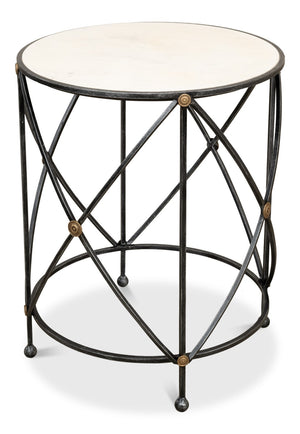 Sarreid Drum Lamp Table With Aged White Marble Top, Antique Brass Accents & Old Iron Finish Design Grey  27885