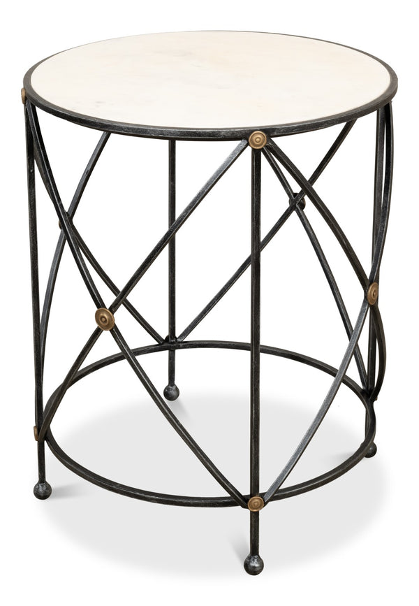 Sarreid Drum Lamp Table With Aged White Marble Top, Antique Brass Accents & Old Iron Finish Design Grey  27885