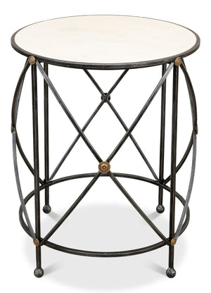 Sarreid Drum Lamp Table With Aged White Marble Top, Antique Brass Accents & Old Iron Finish Design Grey  27885