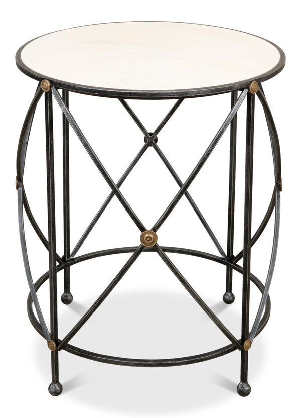 Sarreid Drum Lamp Table With Aged White Marble Top, Antique Brass Accents & Old Iron Finish Design Grey  27885